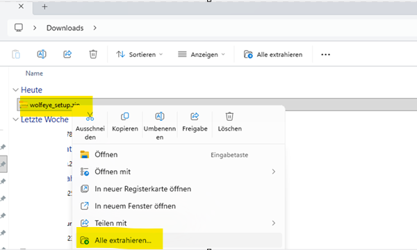 Entpacken der Wolfeye Remote Screen ZIP-Datei unter Windows